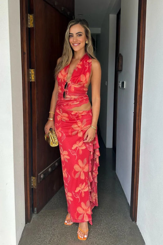Benni Penelope Halter Maxi dress - Hibiscus Floral